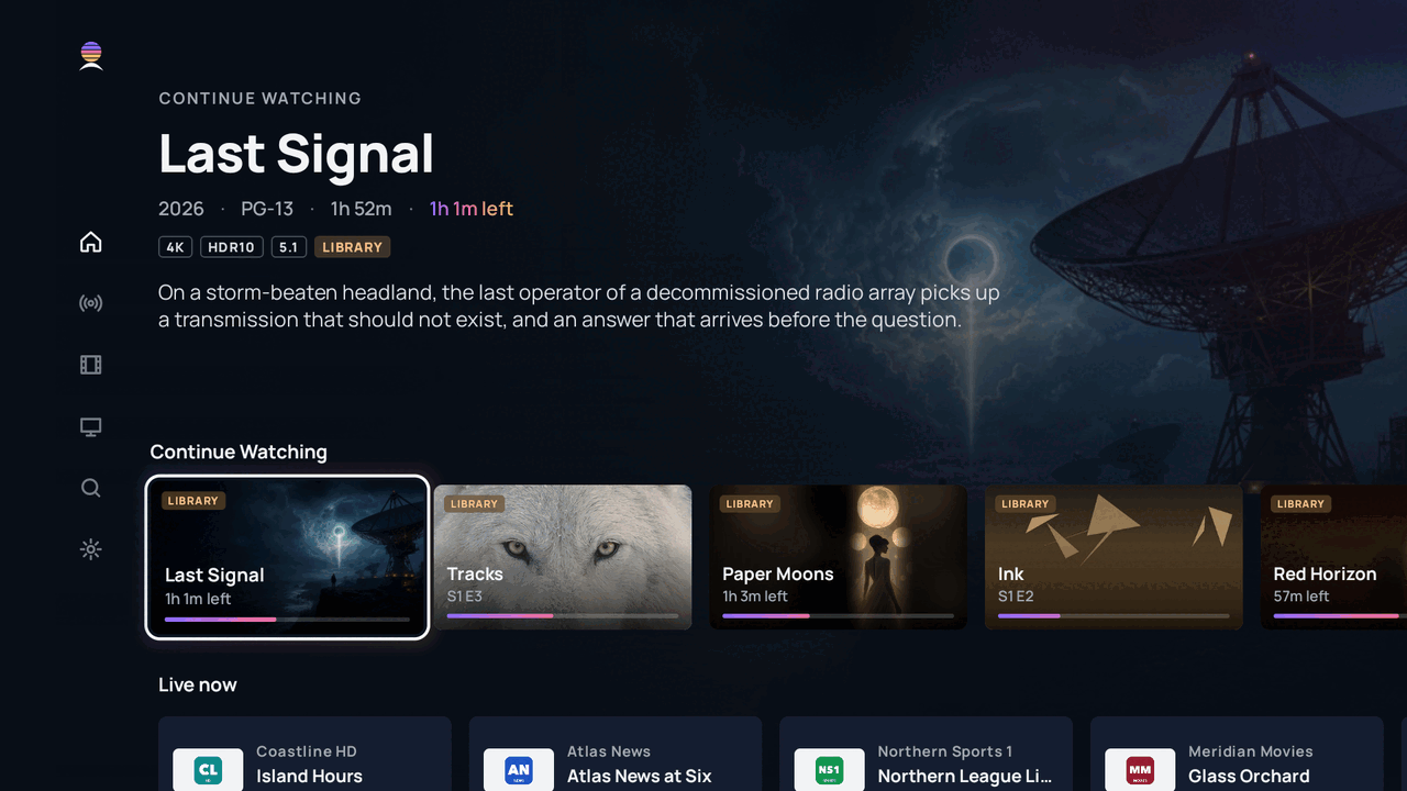 The Atlas TV app's home screen: Last Signal to continue, marked 4K, HDR10 and 5.1, above a Continue Watching row and the channels live now