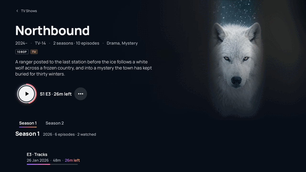 A show's page in Atlas: Northbound, two seasons, ready to resume season 1, episode 3