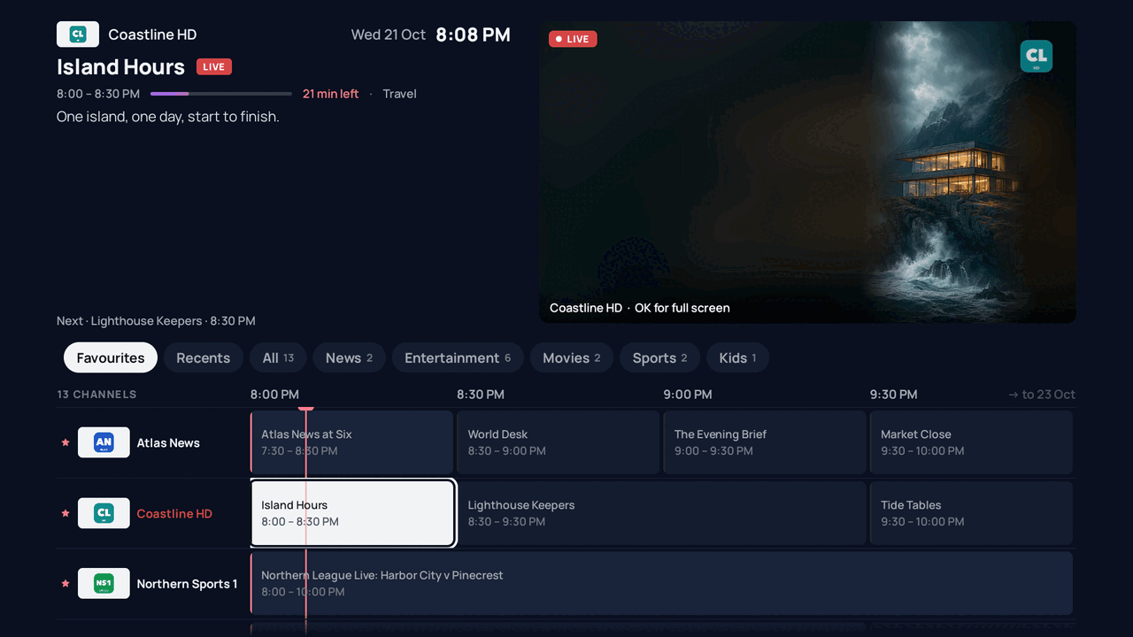 The Atlas live TV guide: a live preview of the channel you're on above a grid of channels and programmes