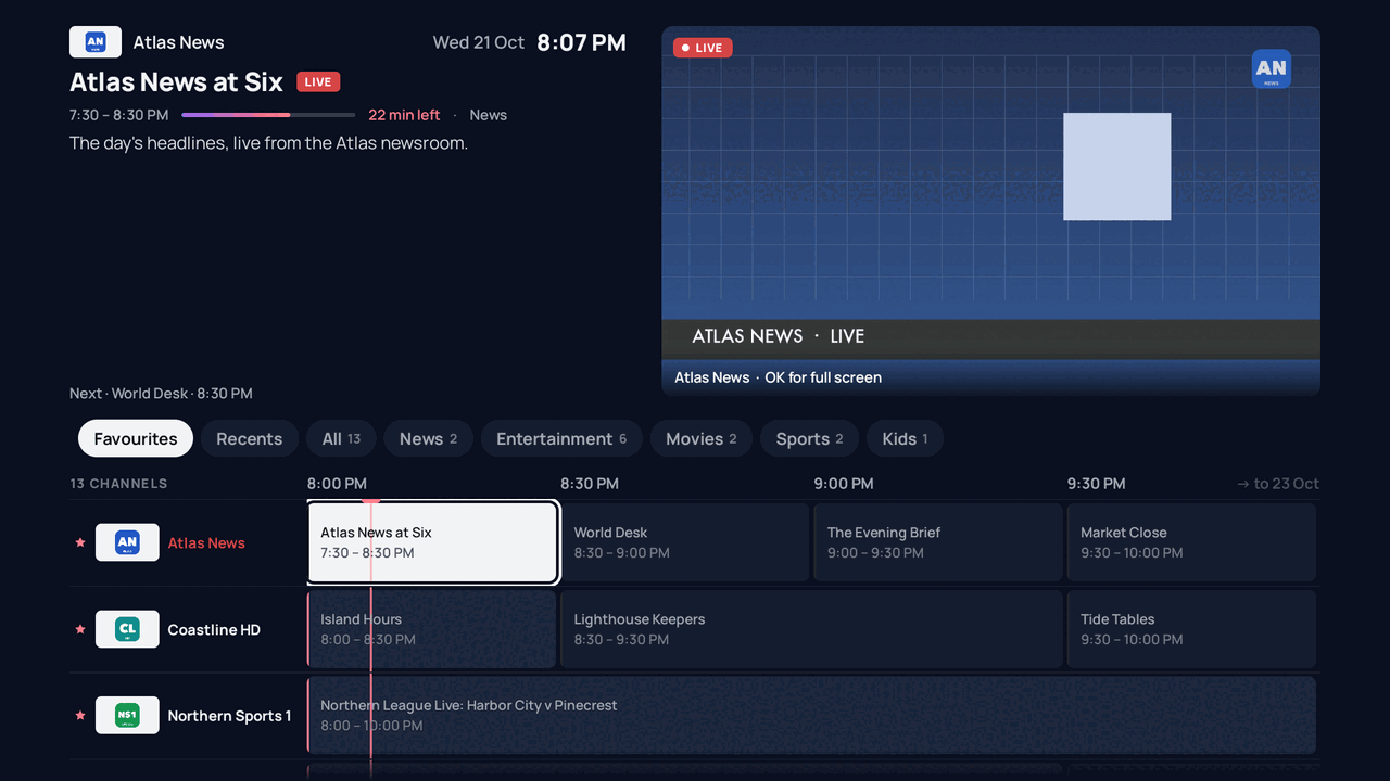 The Atlas live TV guide previewing a news channel above the grid of channels and programmes