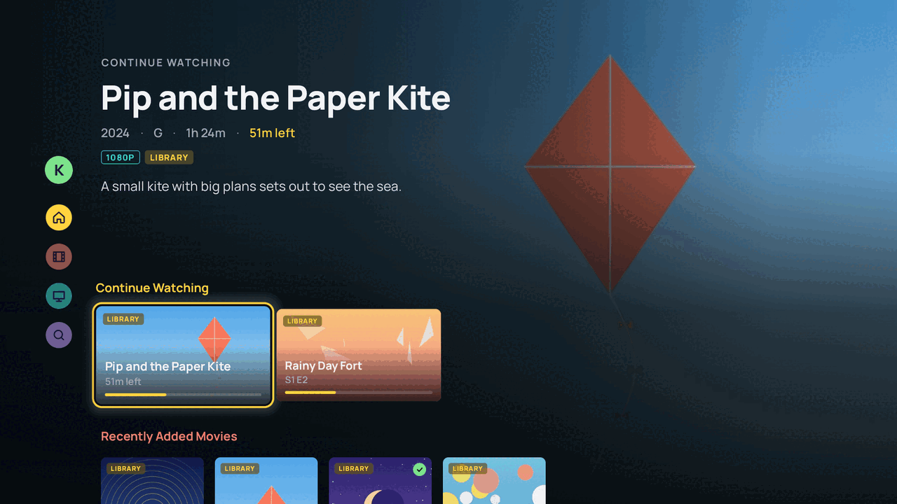 The home screen of a kids profile in Atlas, with a G-rated film to continue and kids' rows
