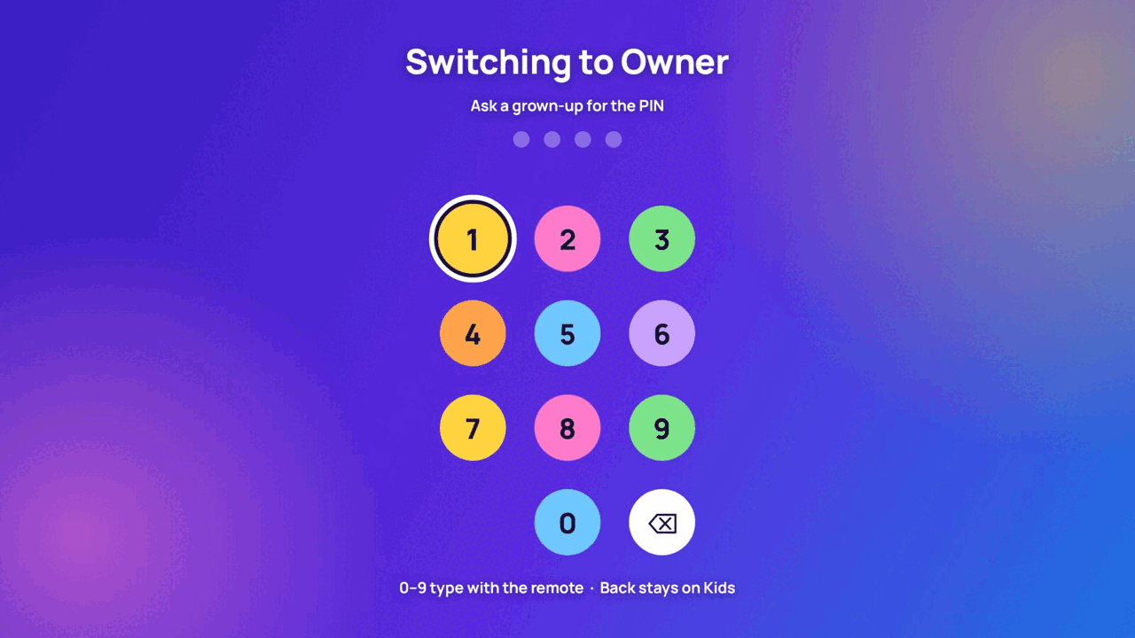 The Atlas TV app asking for a PIN to switch from a kids profile to an adult one